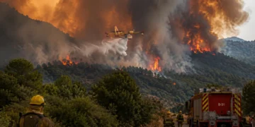 Incendio de Niebla con trabajos de extinción en el frente este hacia Aznalcóllar