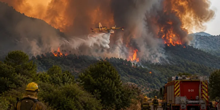 Incendio de Niebla con trabajos de extinción en el frente este hacia Aznalcóllar