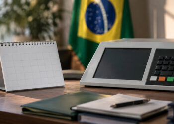 Calendario de mesa, urna electrónica genérica y bandera de Brasil desenfocada en una recreación fotográfica generada por IA.