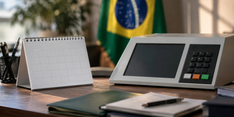 Calendario de mesa, urna electrónica genérica y bandera de Brasil desenfocada en una recreación fotográfica generada por IA.