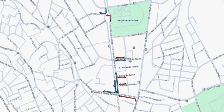 Mapa de los cambios de tráfico en Jaén en las calles próximas al Paseo de la Estación por la adaptación al tranvía.