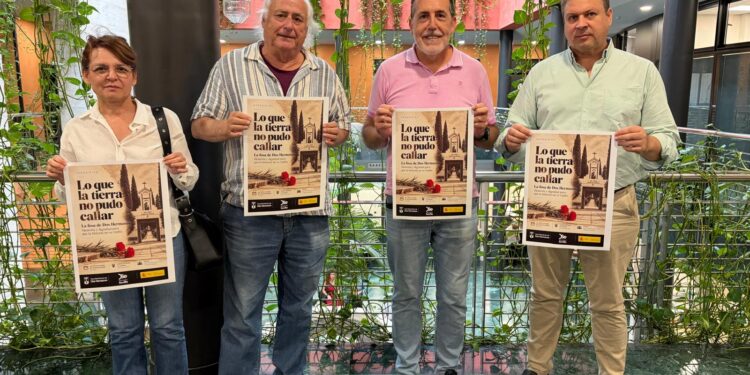 Cartel de la exposición sobre la memoria histórica en Dos Hermanas, con una fotografía del cementerio de San Pedro y claveles rojos.