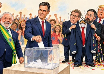 Traje presidencial, voto y confeti