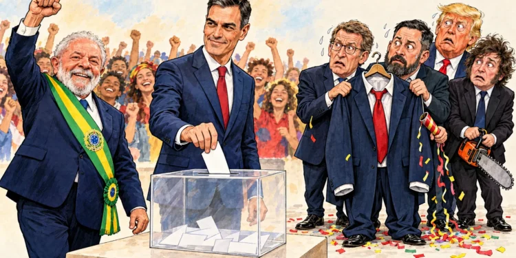 Traje presidencial, voto y confeti